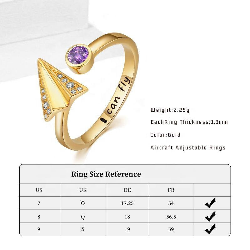 Fine Inspirational Jewelry 925 Sterling Silver Gold Plated Birthstone Airplane Aircraft Open Ring