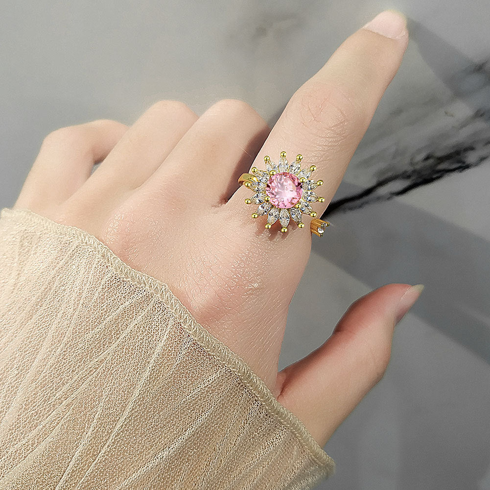 Hot Sale Fashion Rotating Ring Cubic Zirconia Sunflower Anxiety Open Adjustable Spining Fidget Ring for Women Girls Jewelry Gift