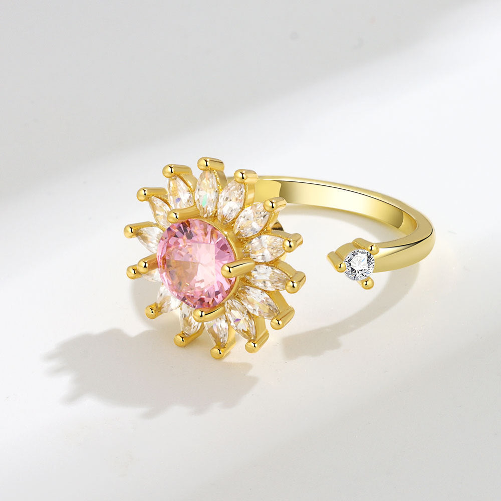 Hot Sale Fashion Rotating Ring Cubic Zirconia Sunflower Anxiety Open Adjustable Spining Fidget Ring for Women Girls Jewelry Gift