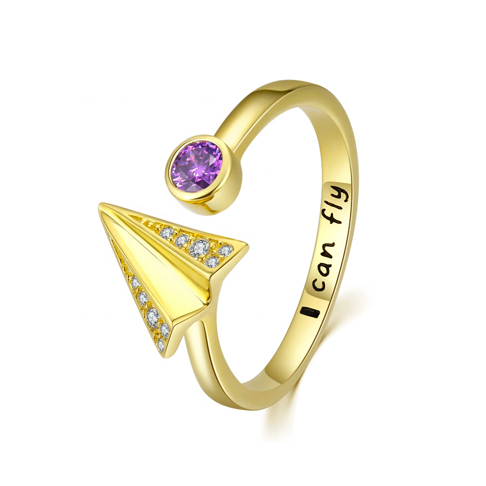 Fine Inspirational Jewelry 925 Sterling Silver Gold Plated Birthstone Airplane Aircraft Open Ring