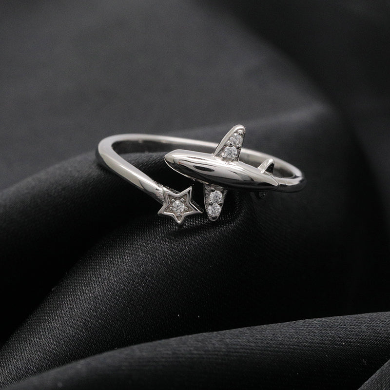 Fashion Zircon Open Airplane Pentagram Ring Adjustable Jewelry for Women 925 Sterling Silver Ring Women Party